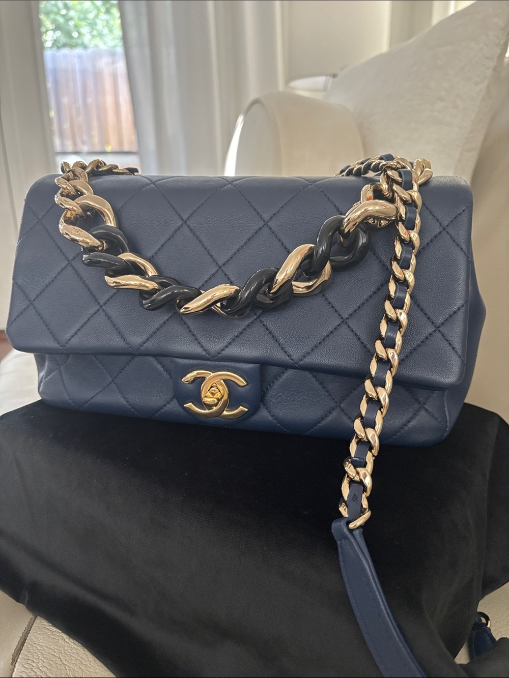 CHANEL Navy Quilted Shoulder Bag with Gold Hardware